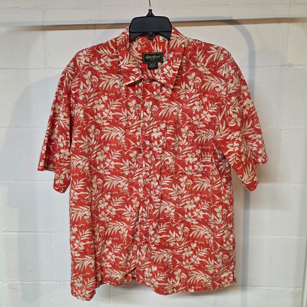 Eddie Bauer Mens Large Red Tropical Floral Short Sleeve Cotton Button Down Shirt